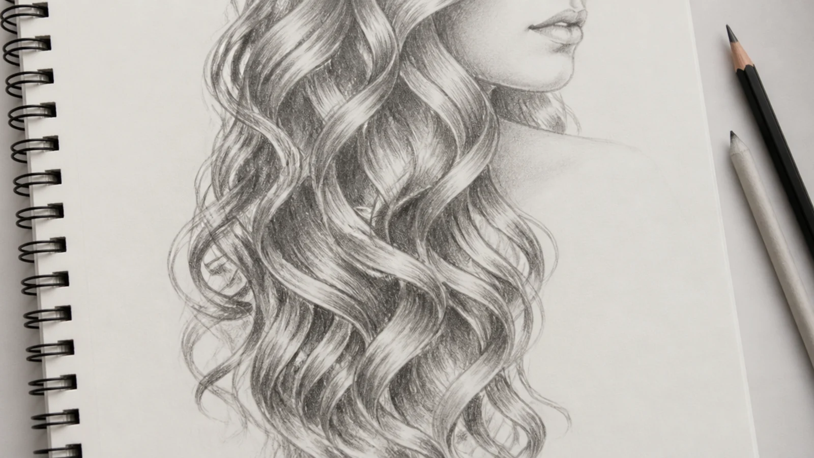 Pencil sketch of long female spiral curls drawn as twisting ribbons falling over one shoulder