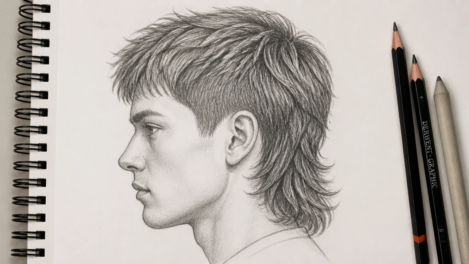 Pencil sketch of a male mullet haircut in side view with short front and textured length at the back