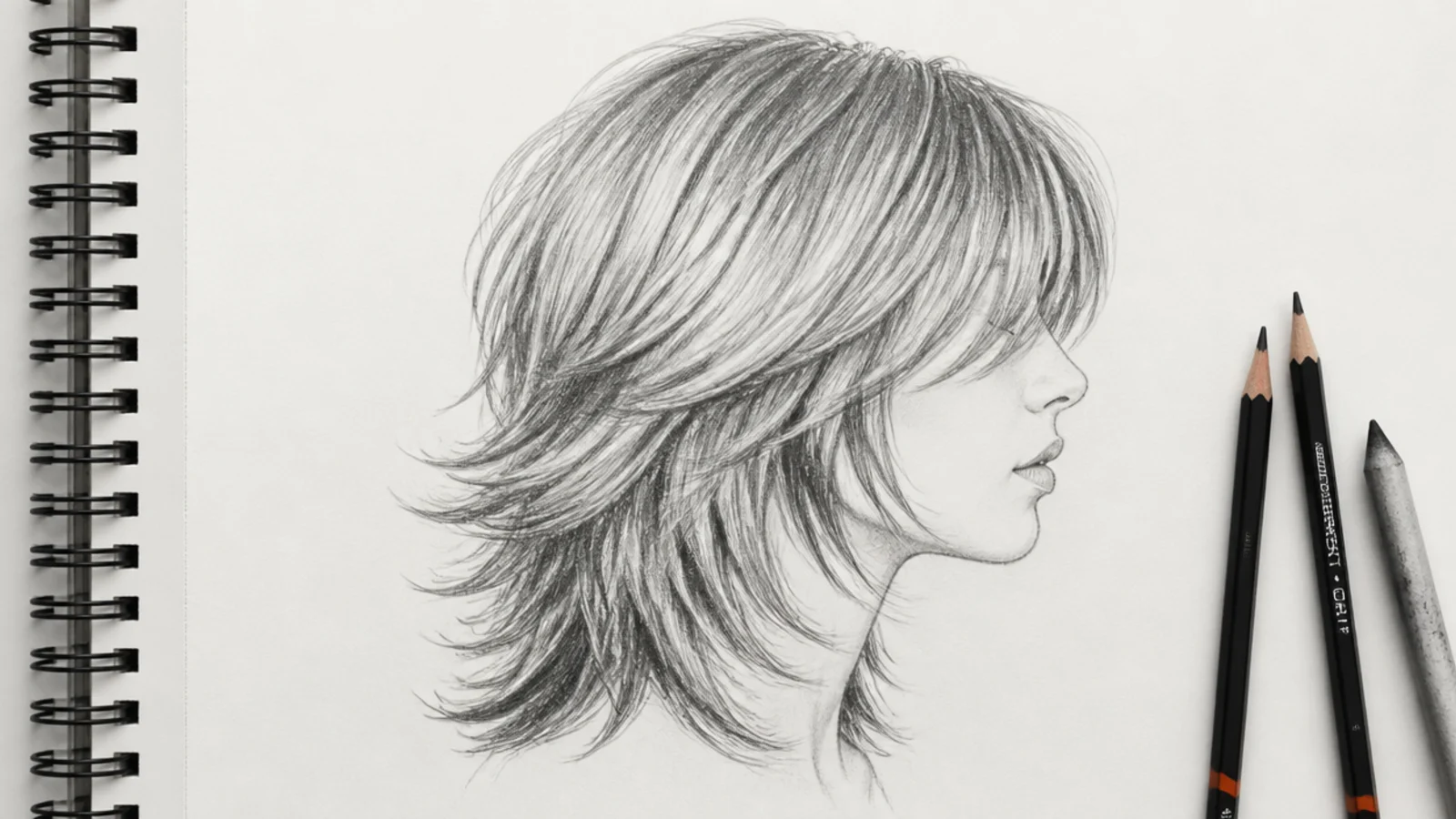 Pencil sketch of a female layered shag haircut in side view with stacked ribbon ends and feathered edges