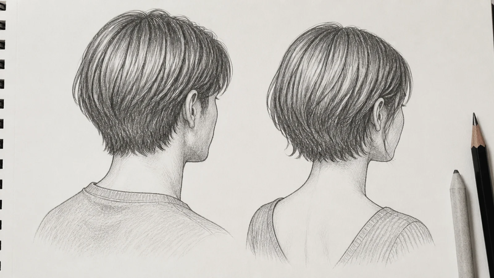 Pencil sketch comparing a male and female three-quarter back view of the same chin-length bob with different necklines