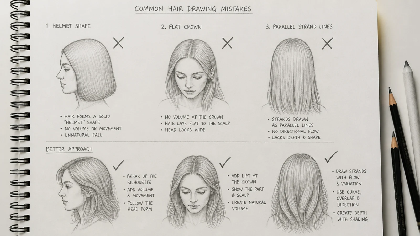 Pencil sketch showing common hair drawing mistakes including a helmet shape flat crown and parallel strand lines