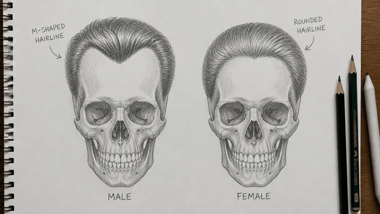 Pencil sketch overlay of two identical skulls with an M-shaped male hairline on one and a rounded female hairline on the other