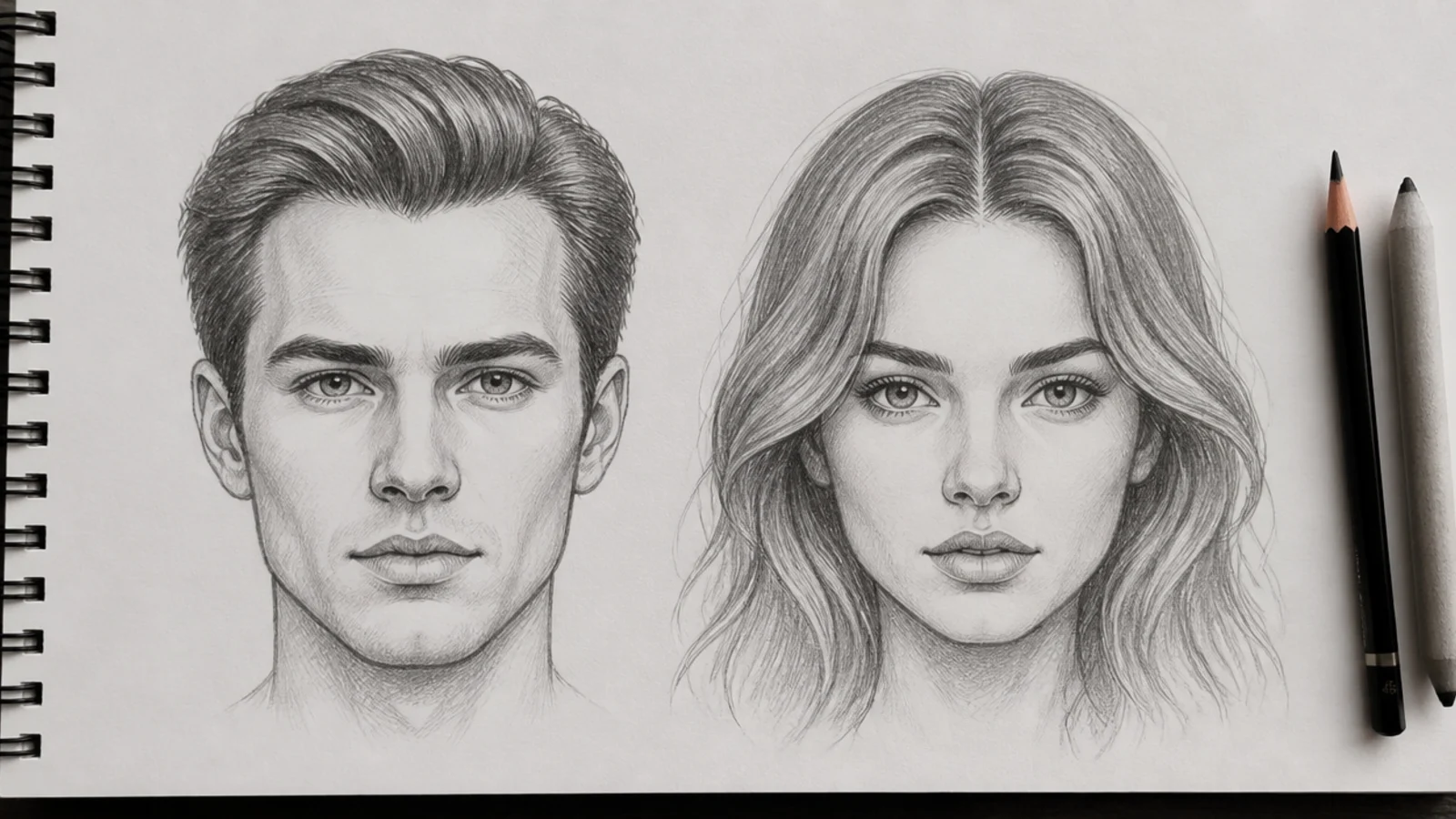 Pencil sketch on paper of a male and a female head side by side showing the difference in hairline shape and hair volume