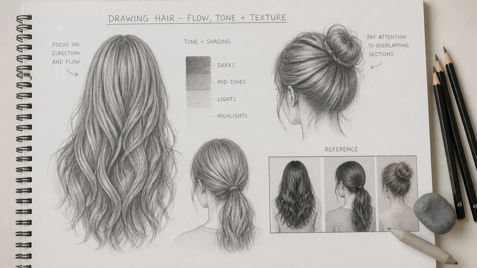 Flat lay pencil sketch of graphite pencils a kneaded eraser blending stump and a hair drawing reference sheet