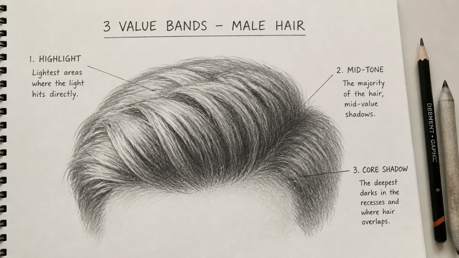 Pencil sketch of male hair shaded in three value bands from bare paper highlight to a 6B dark core