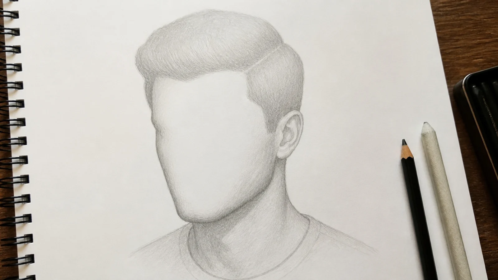 Pencil sketch showing a male head blocked as a light silhouette shape before any hair strands are drawn