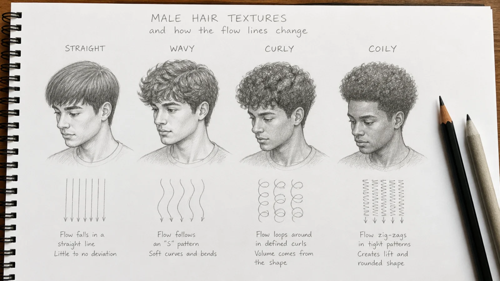 Pencil sketch comparing straight, wavy, curly and coily male hair textures drawn with different flow line strategies