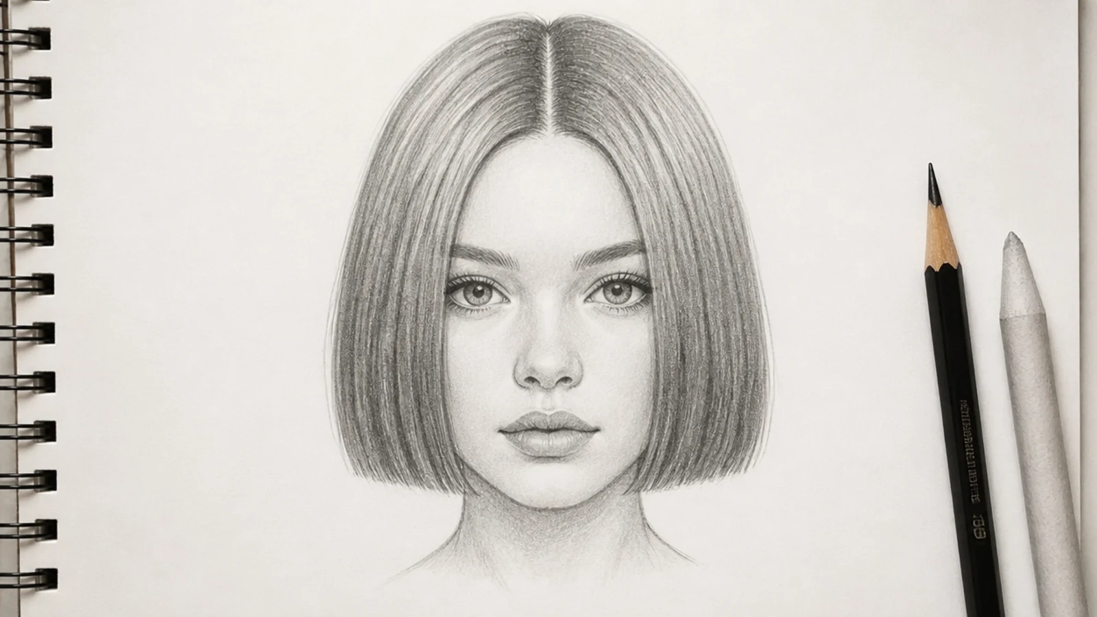 Front view pencil drawing of a blunt bob short hair sketch with a straight jaw-length edge