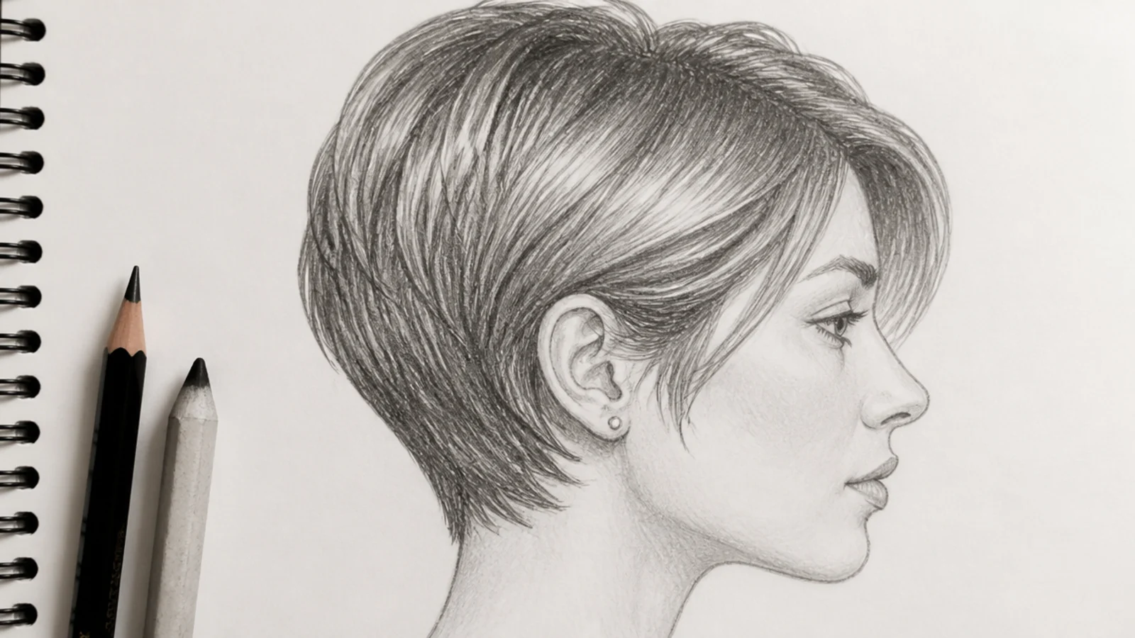 Side profile pencil sketch of short hair drawing showing the tapered nape and ear placement