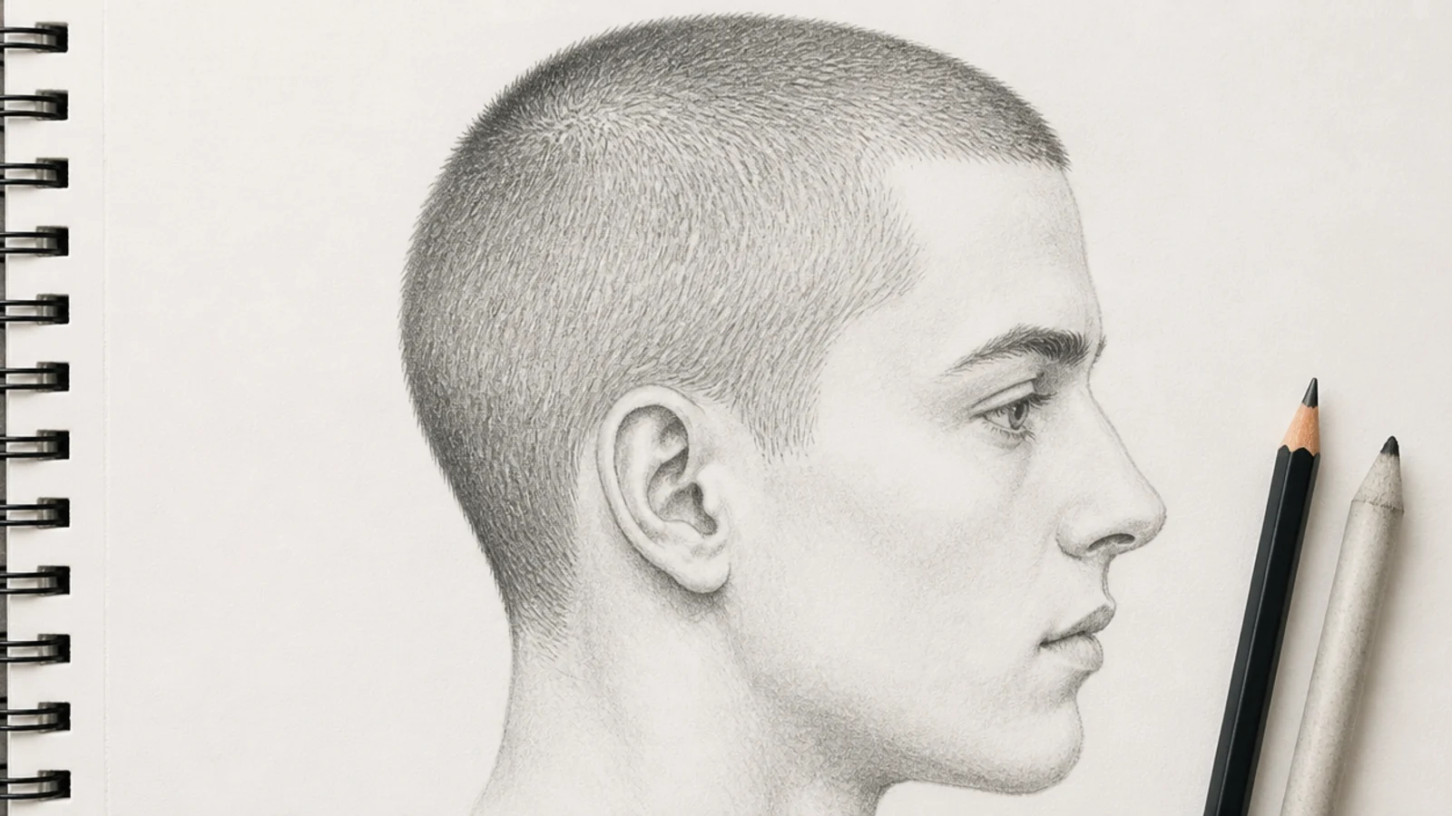 Pencil sketch of a buzz cut short hair drawing with stippled stubble texture over the skull