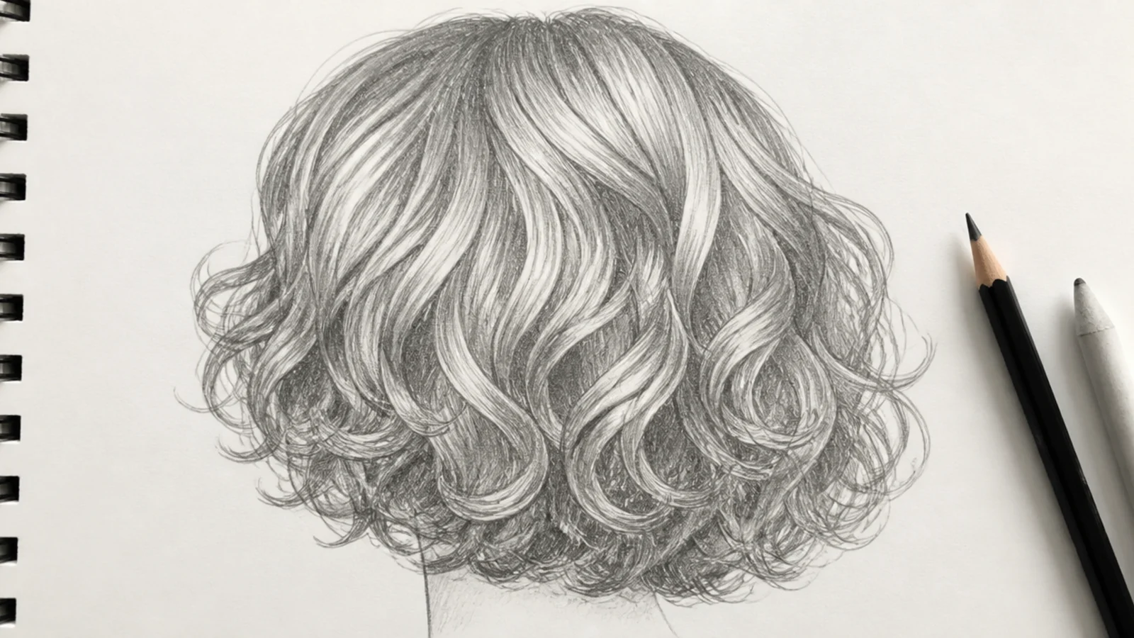 Pencil sketch of a short curly bob hair drawing with ribbon shaped curls and shaded cores