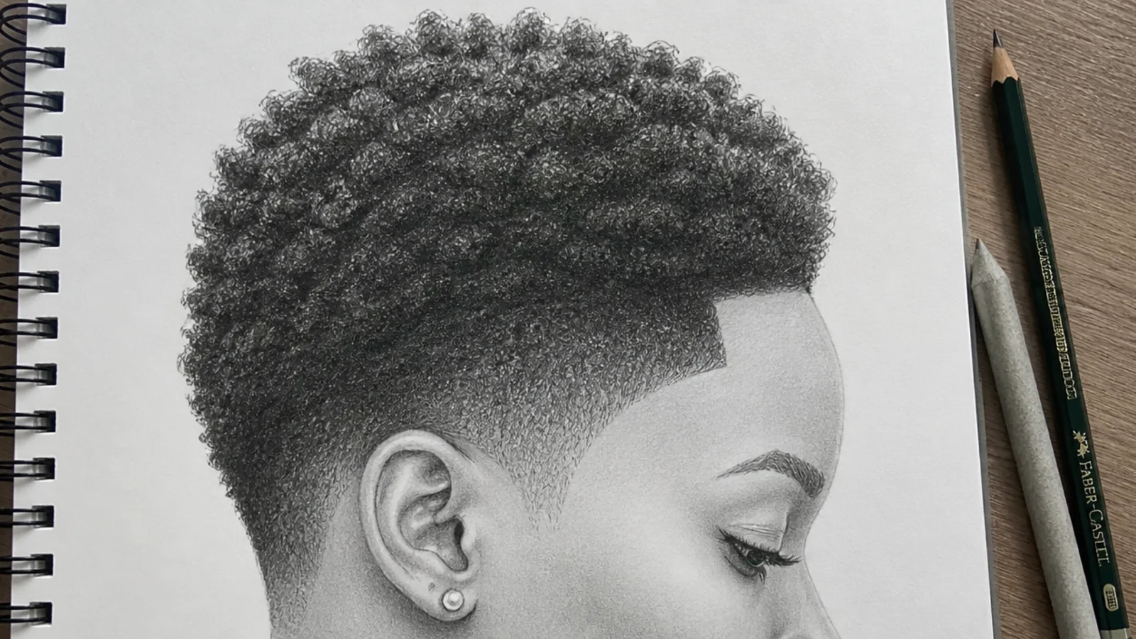 Pencil sketch of tapered 4C natural short hair drawing with a defined edge and dense coil texture