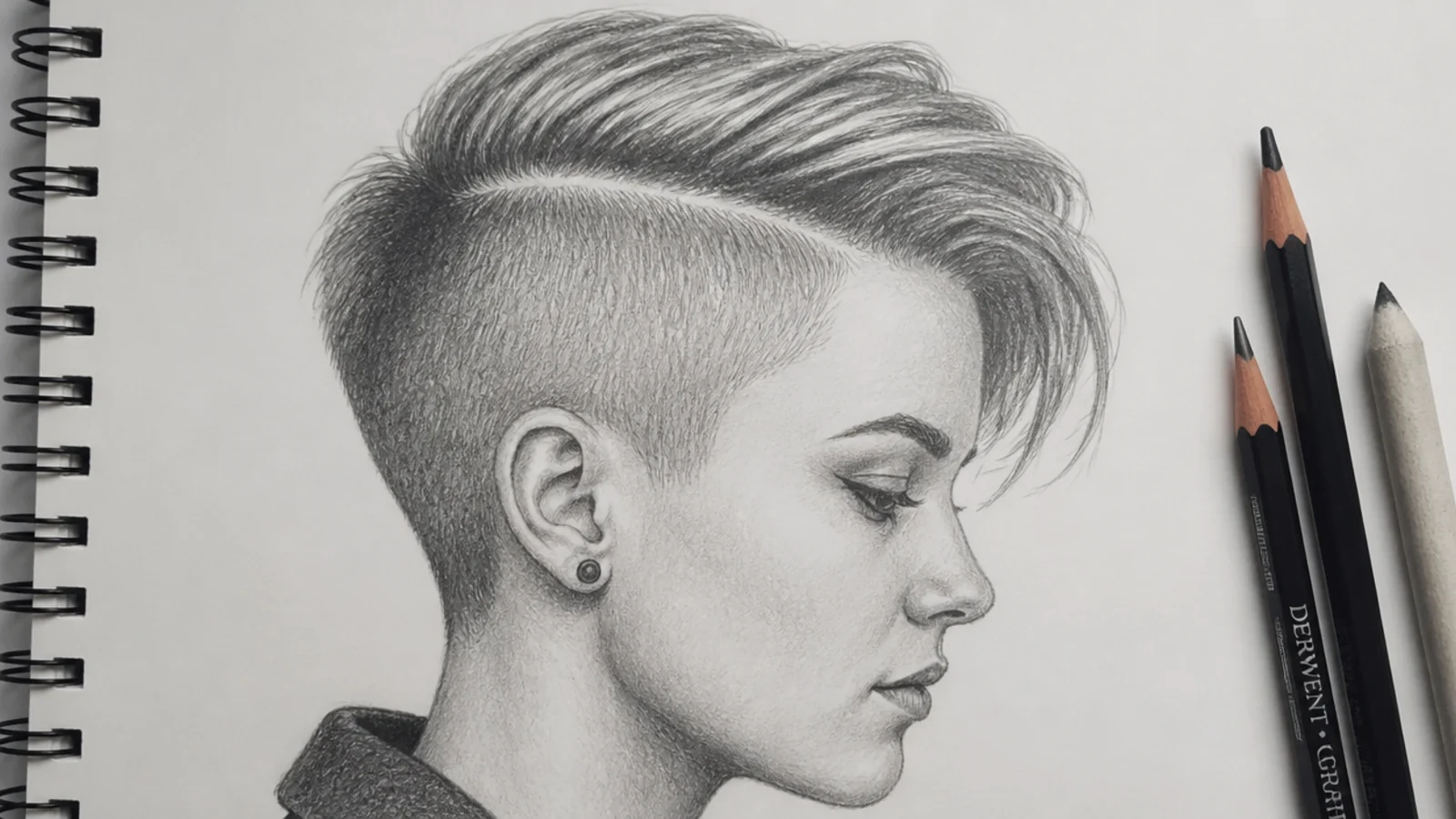Pencil sketch of an undercut short hair drawing with shaved sides and a longer top section