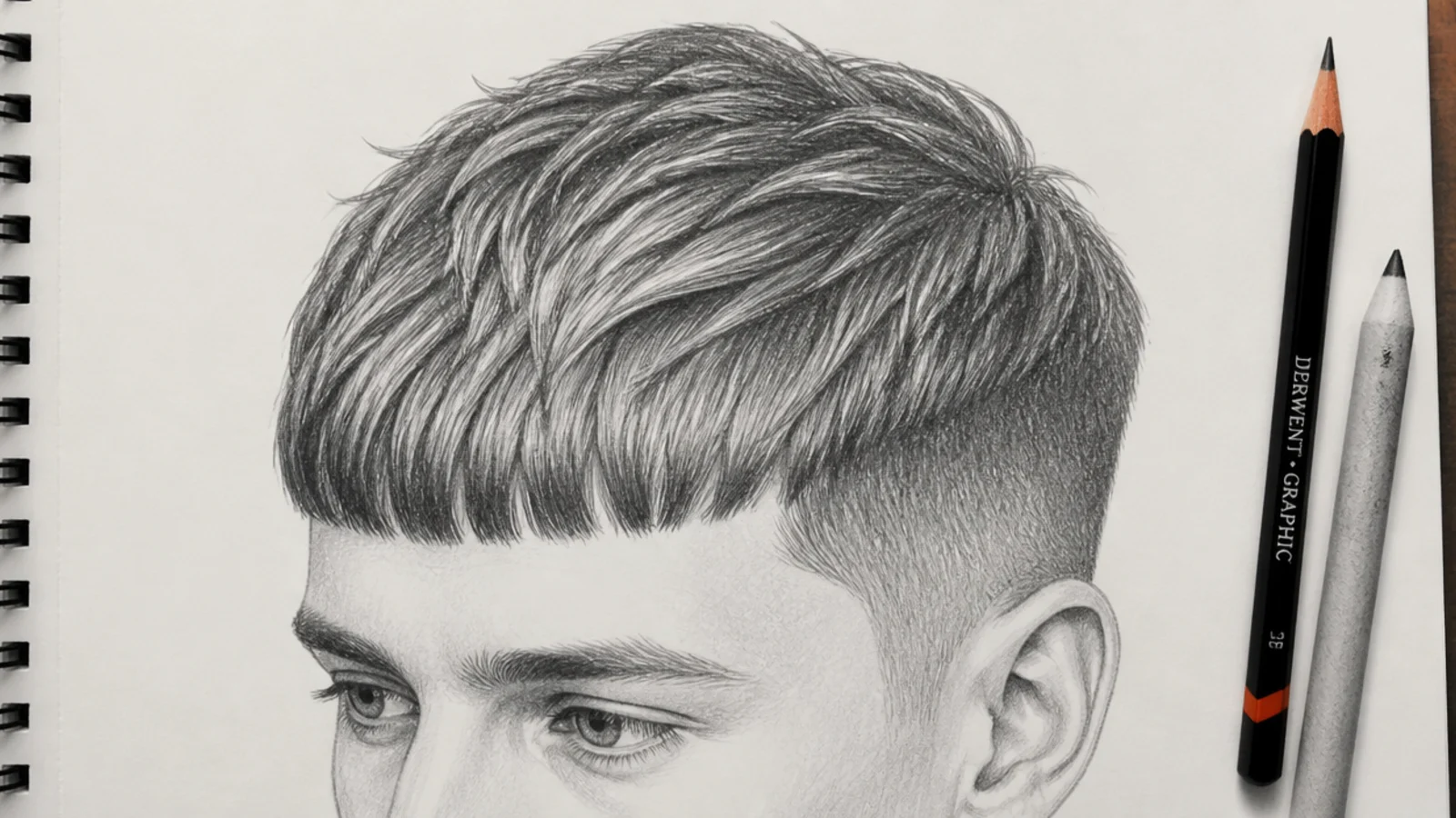 Pencil sketch of a French crop short hair drawing with a blunt forward fringe on the forehead