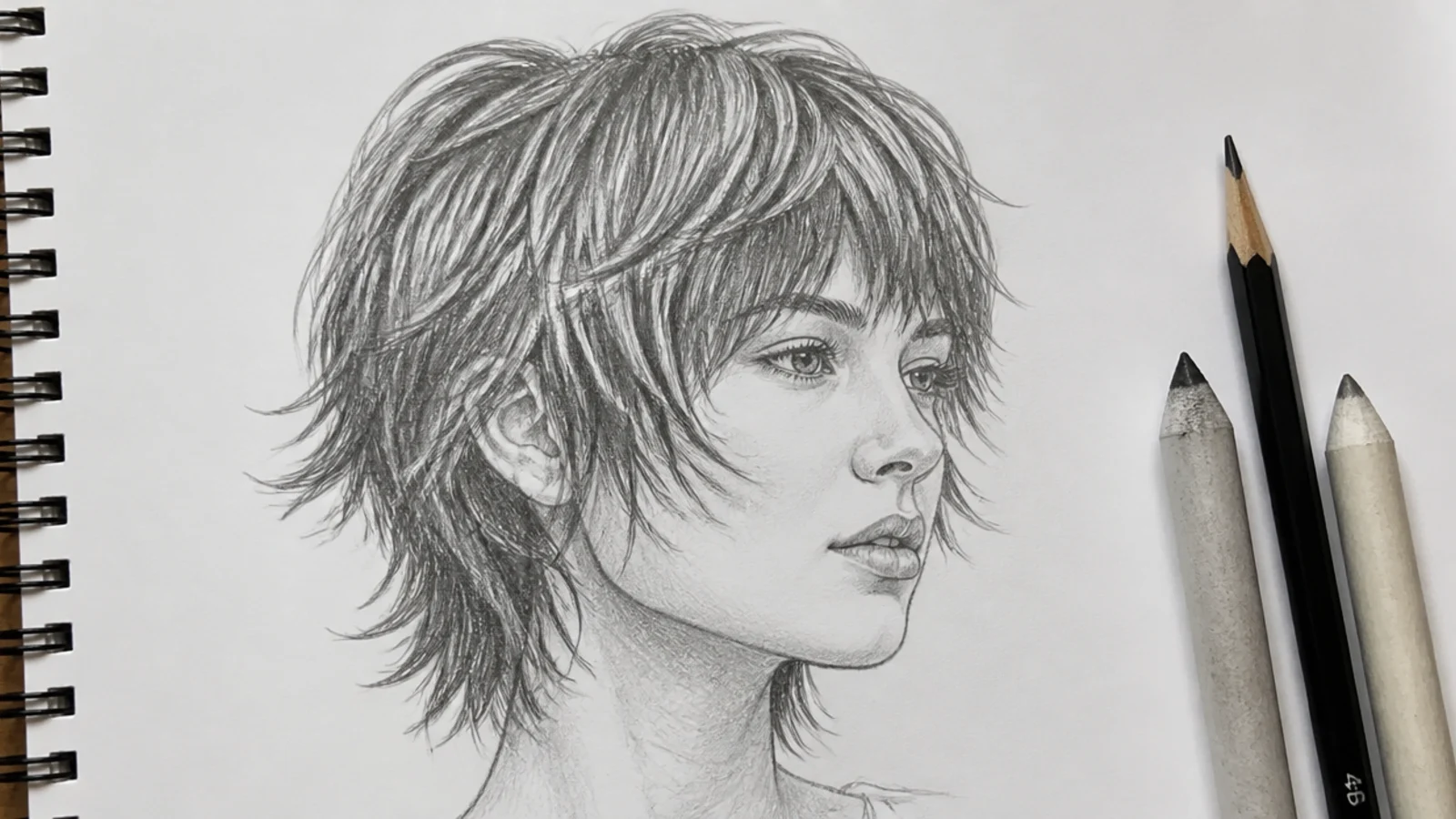 Pencil sketch of a short shag haircut drawing with choppy layers and piecey ends on paper