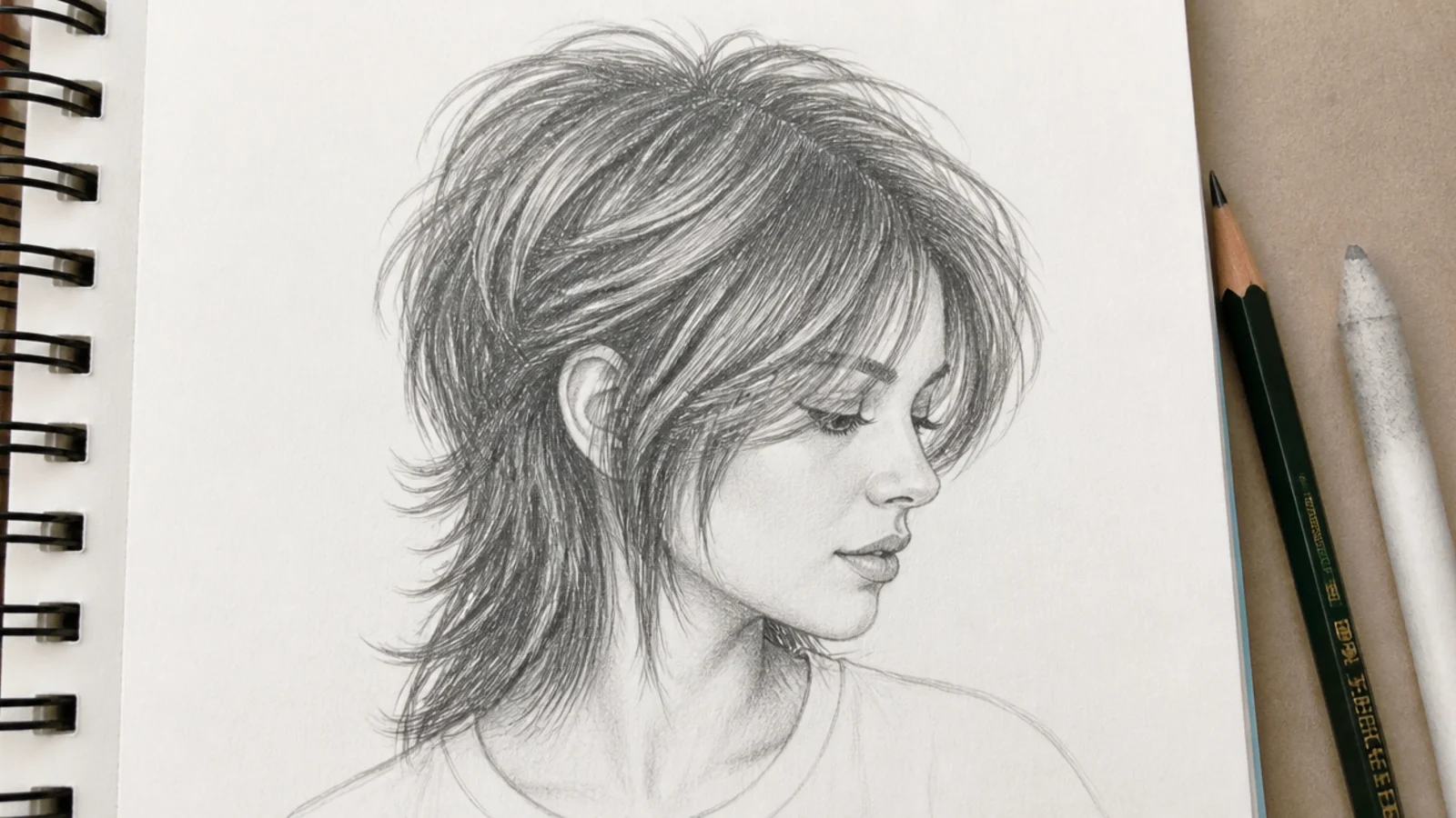Pencil sketch of a short wolf cut hair drawing with heavy crown volume and face framing strands