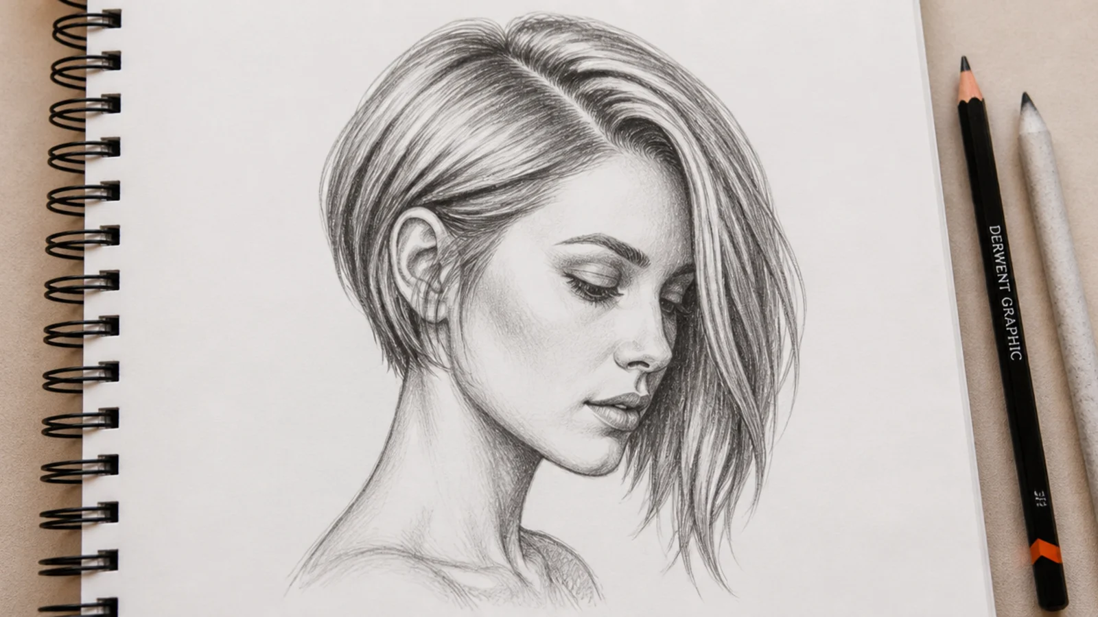 Pencil sketch of an asymmetric bob short hair drawing with one side longer than the other