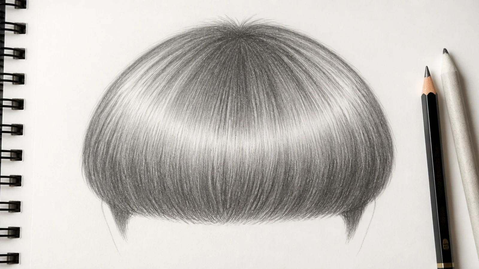 Pencil sketch of a bowl cut short hair drawing with a curved fringe and a bright shine band