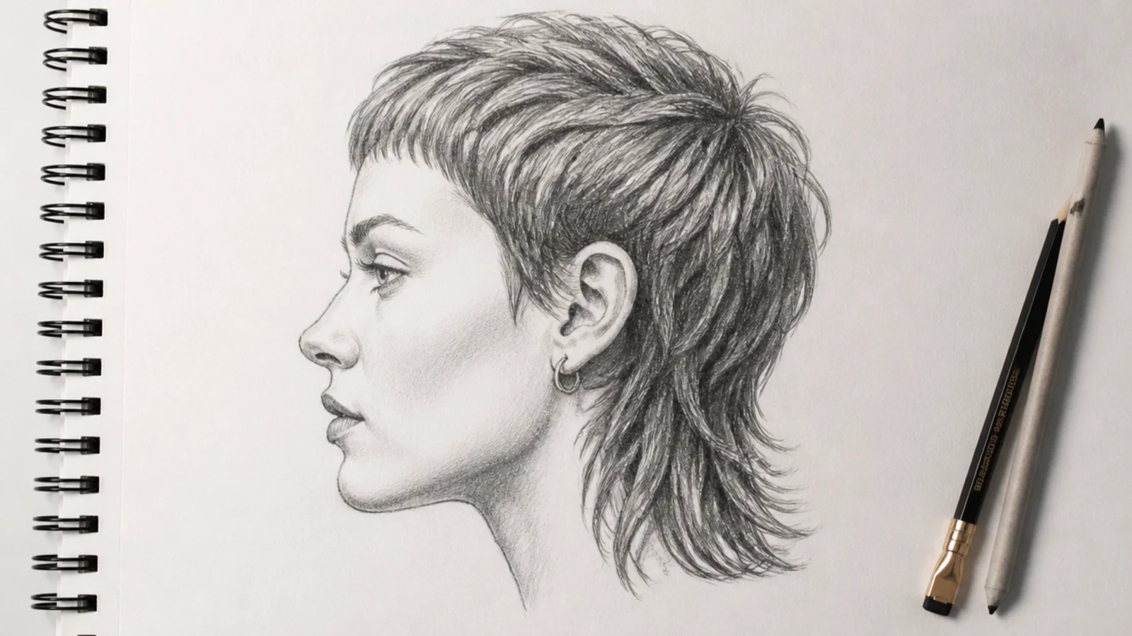 Side view pencil sketch of a short mullet hair drawing with cropped front and longer nape strands
