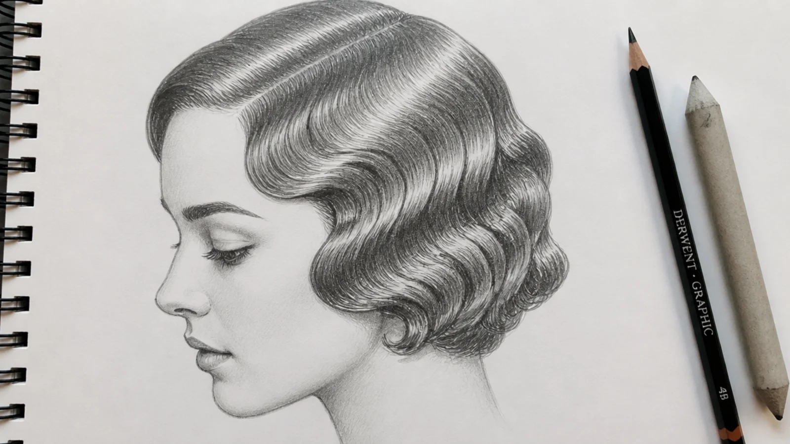 Pencil sketch of a vintage finger wave short hair drawing with sculpted S shaped waves
