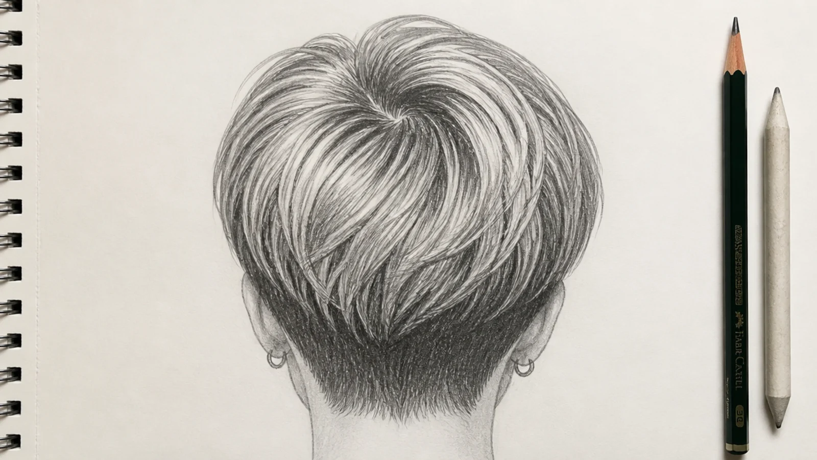 Back view pencil sketch of cropped short hair drawing showing the crown swirl and nape hairline