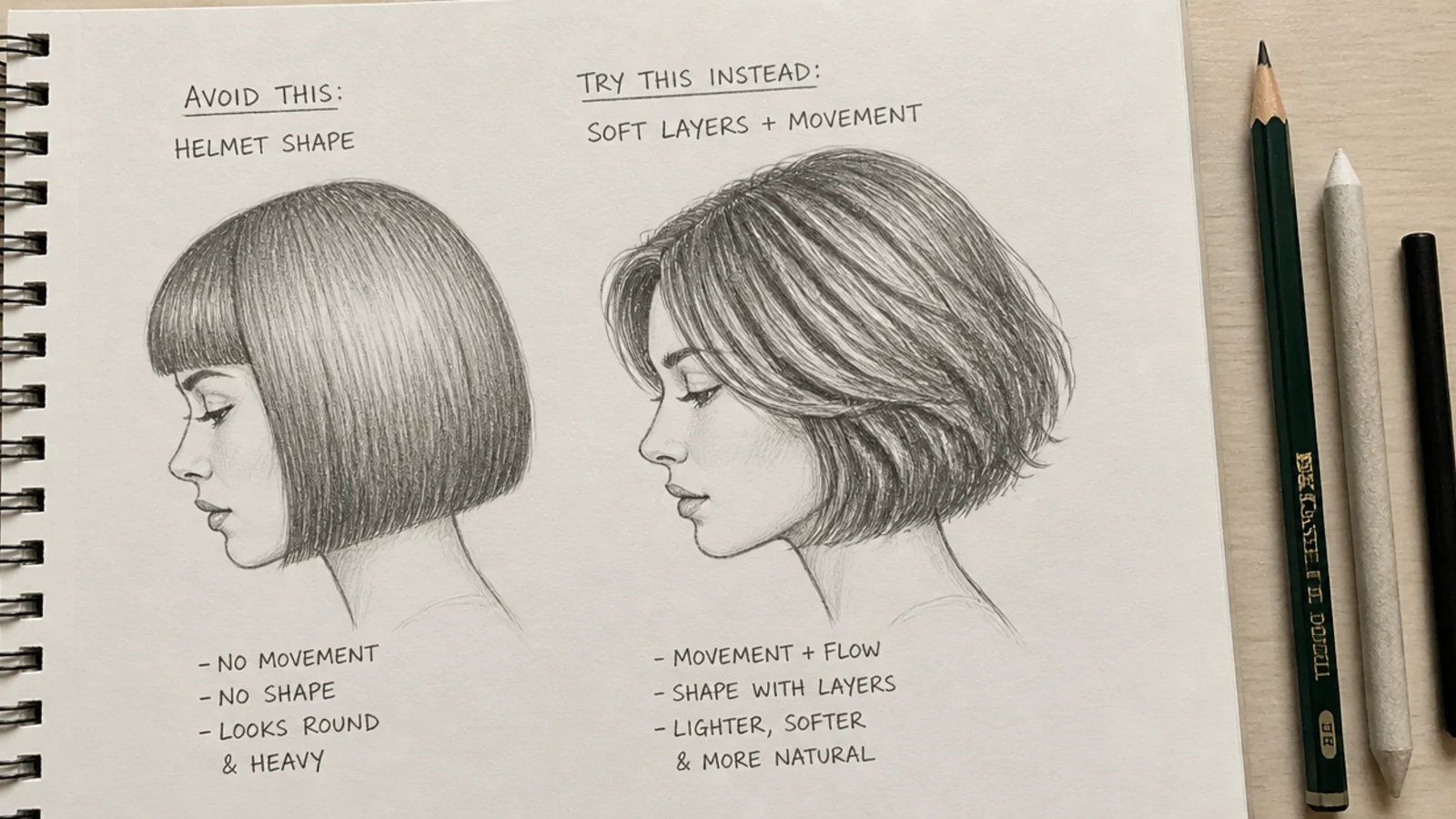 Pencil sketch comparison showing a helmet shaped short hair drawing beside a corrected version