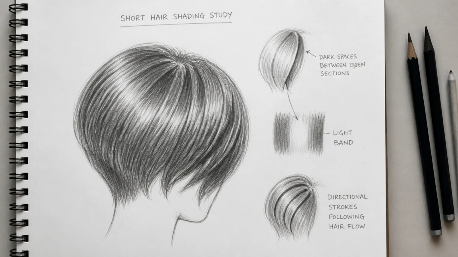 Pencil shading study of short hair drawing showing dark spaces between sections and a light shine band