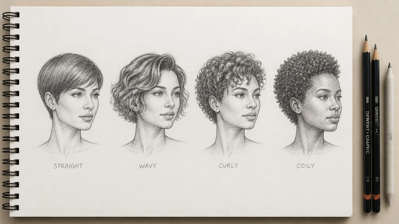 Four pencil sketches comparing straight, wavy, curly and coily short hair drawings side by side