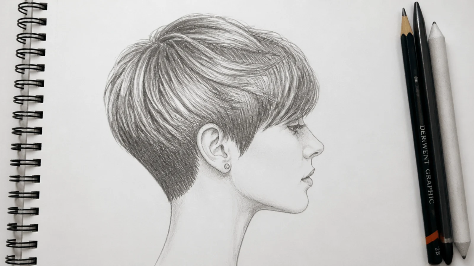 Graphite short hair sketch on white paper showing a pixie cut blocked as a silhouette then shaded