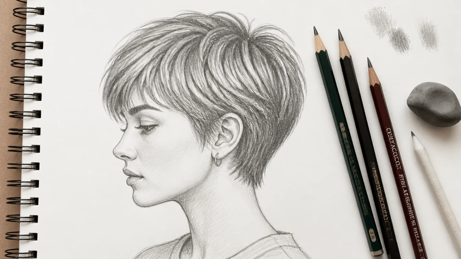 Flat lay of graphite pencils, kneaded eraser and blending stump used for short hair drawing