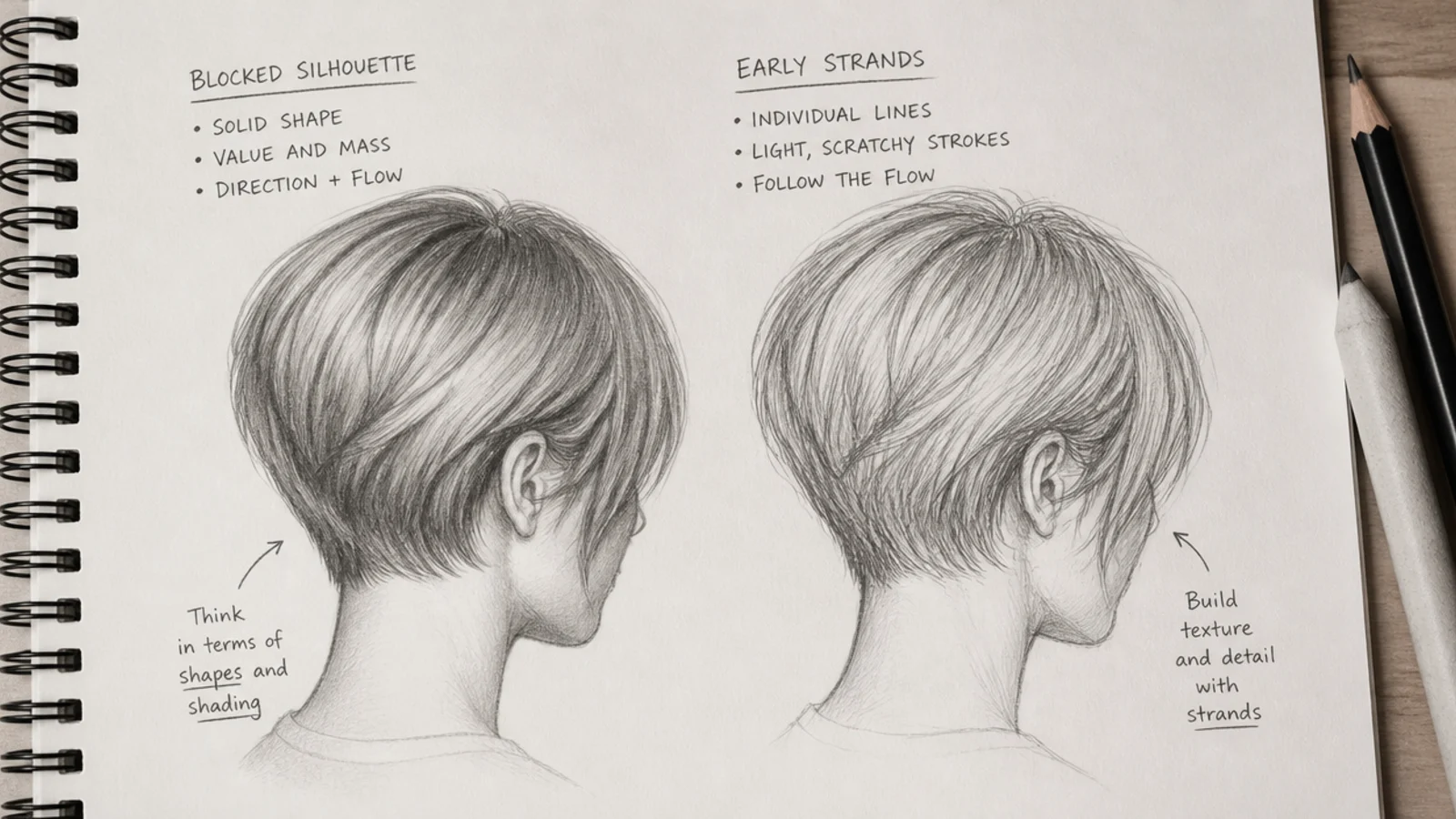 Two pencil sketches compared showing a blocked short hair silhouette next to scratchy early strands