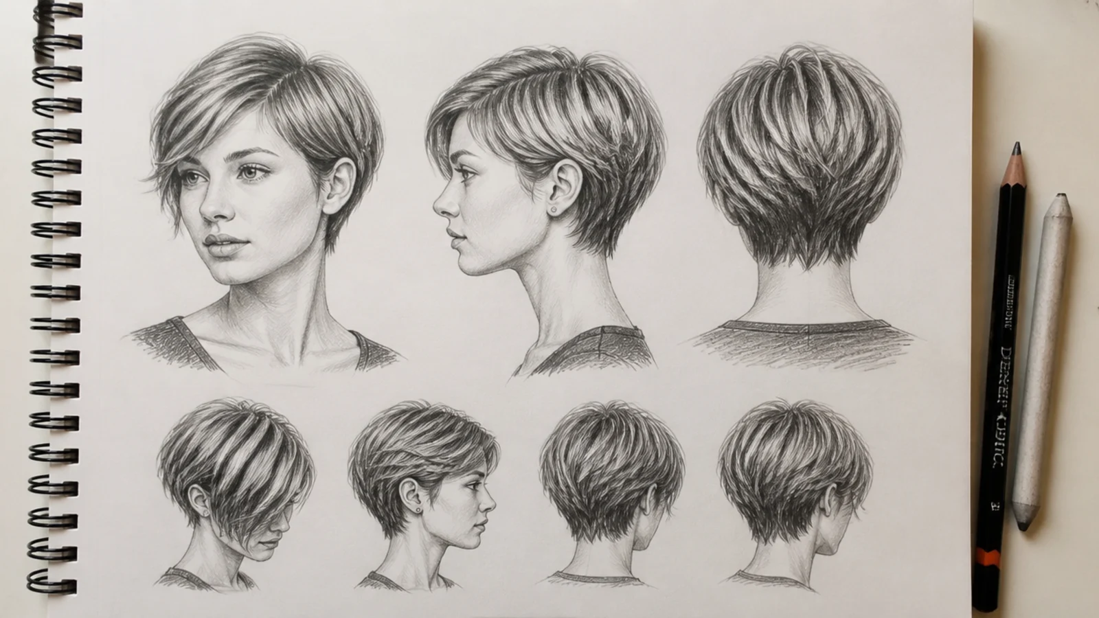 Sketchbook page of short hair drawing studies made from reference at front, side and back angles