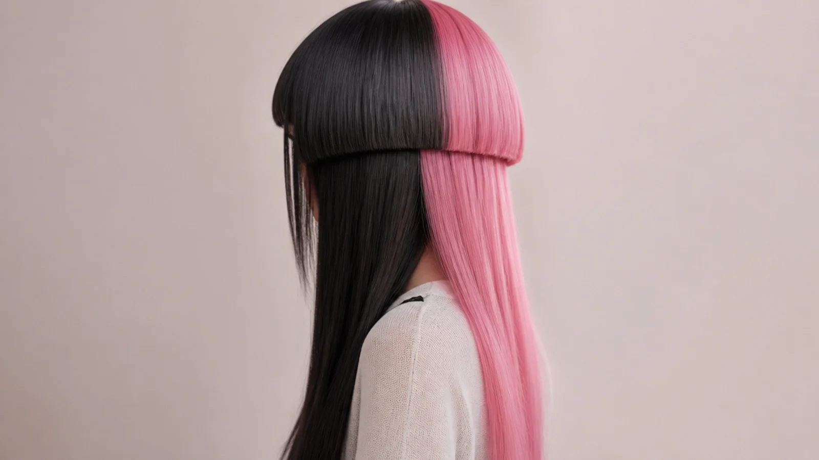 E-girl aesthetic jellyfish haircut with black and pink split dye and micro bangs over long lengths