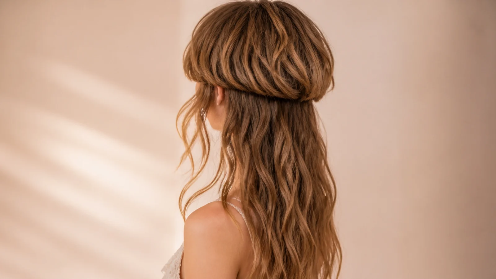 Fairycore jellyfish haircut on 2b wavy hair with a soft honey bell and face-framing tendrils