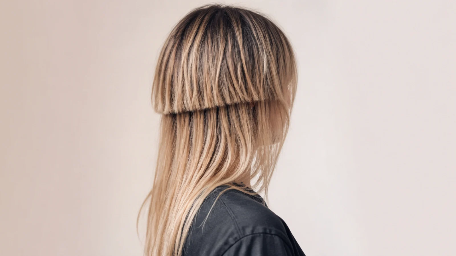 Grunge jellyfish haircut with a choppy bell, grown-out dark roots and long bleached lengths
