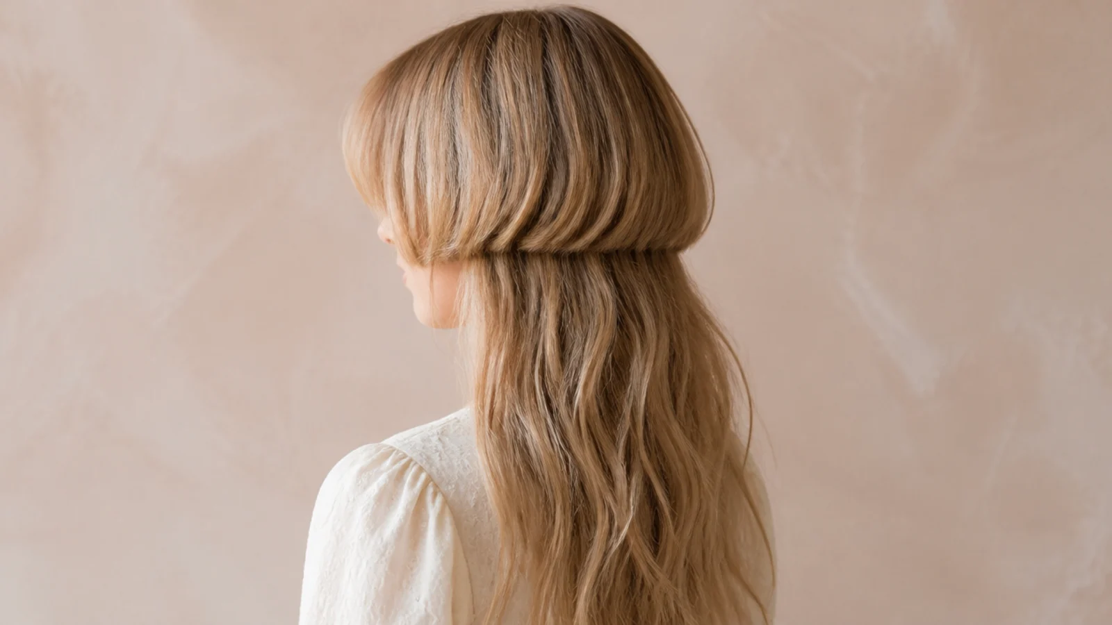 Cottagecore jellyfish haircut with honey blonde curtain bangs a soft bell and long wavy lengths