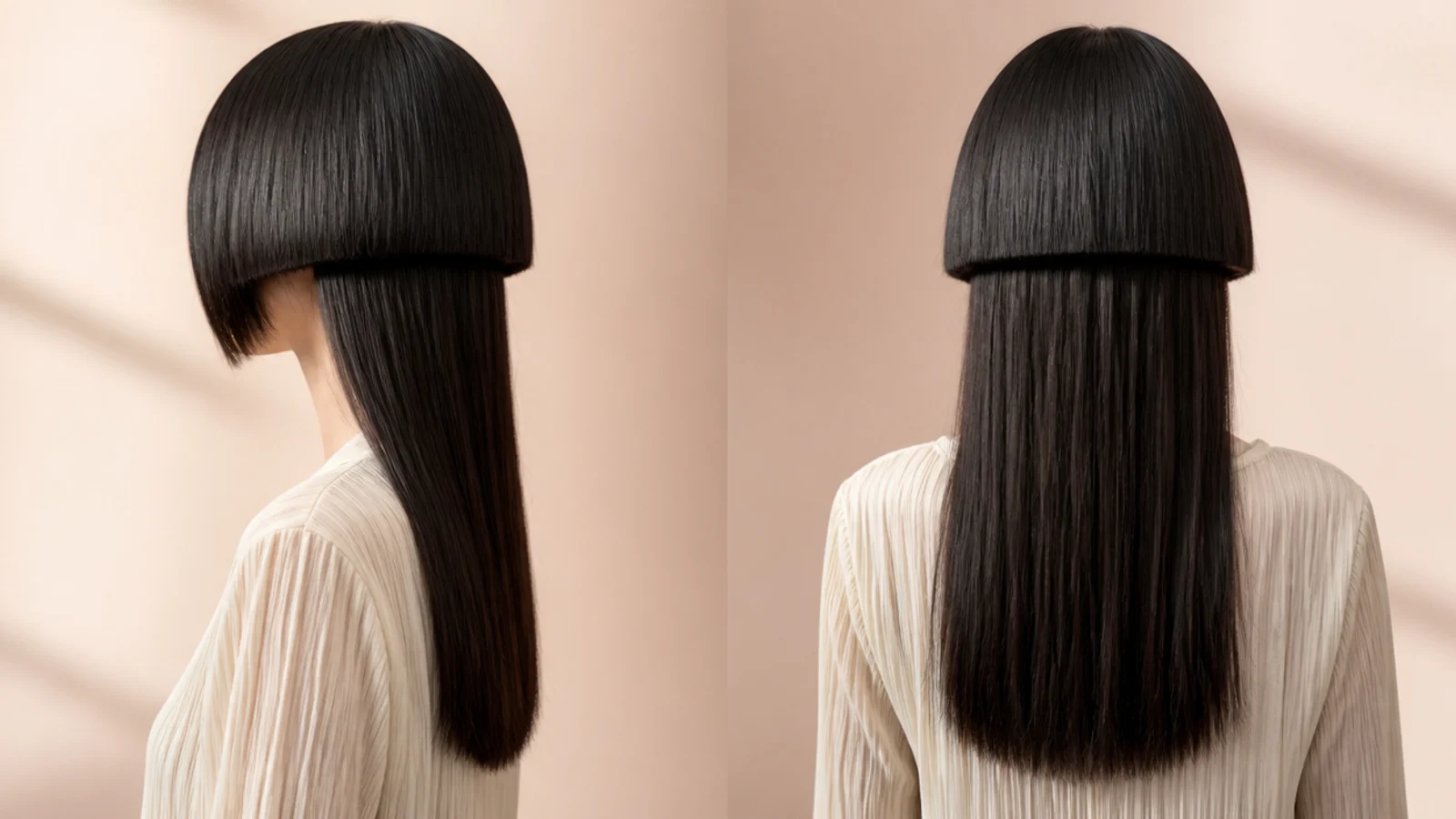 Minimalist jet black jellyfish haircut on fine straight hair with a sleek bell and long blunt lengths