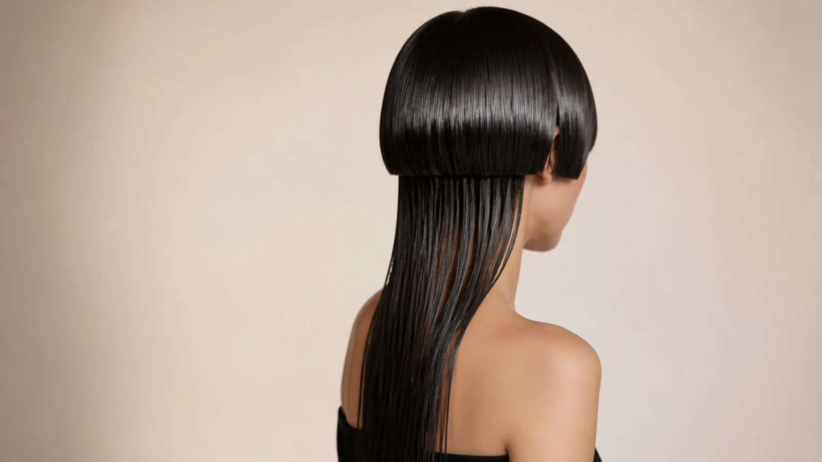 Editorial wet look jellyfish haircut with a slicked glossy bell and long straight polished lengths