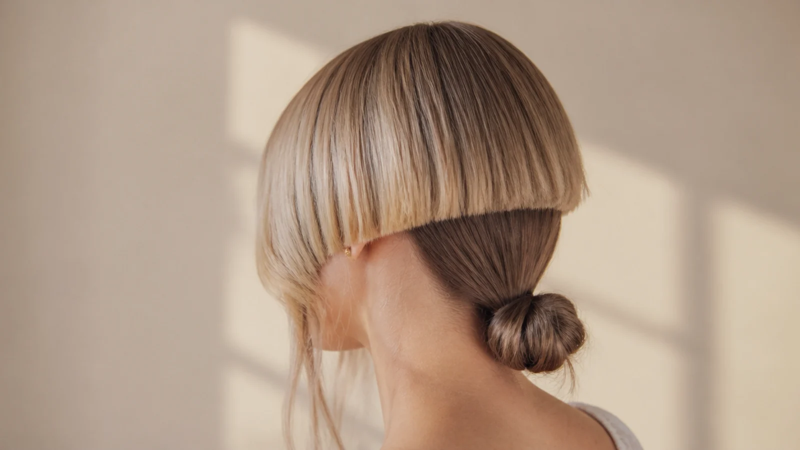 Balletcore jellyfish haircut with the long lengths in a low bun and the short bell left down