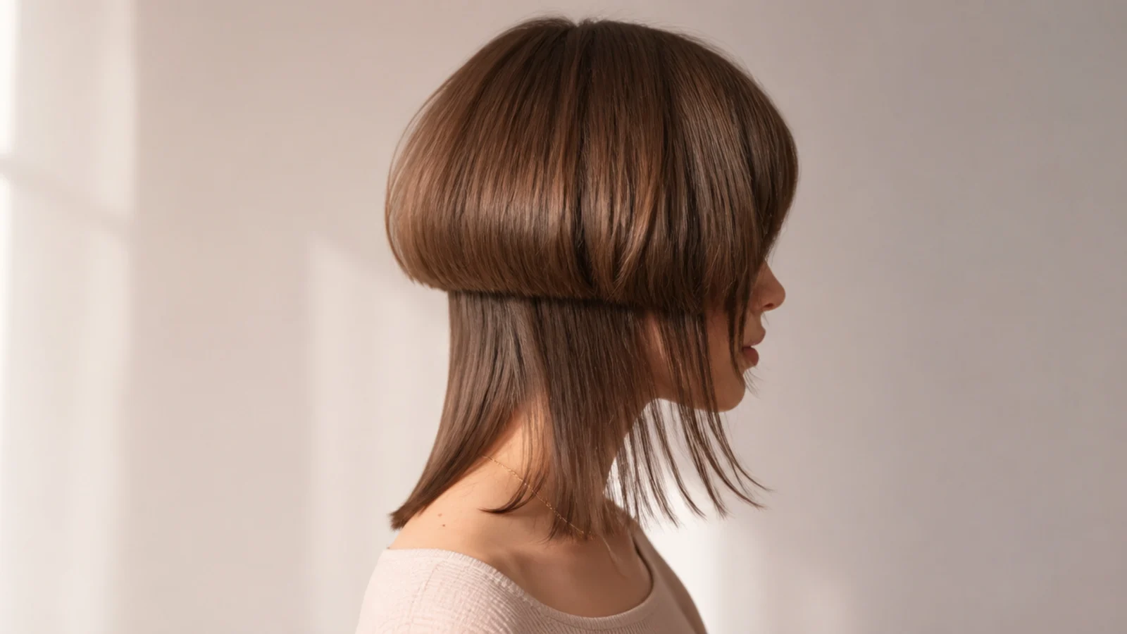 Downtown jellyfish bob haircut with a chin length bell and collarbone lengths on a round face