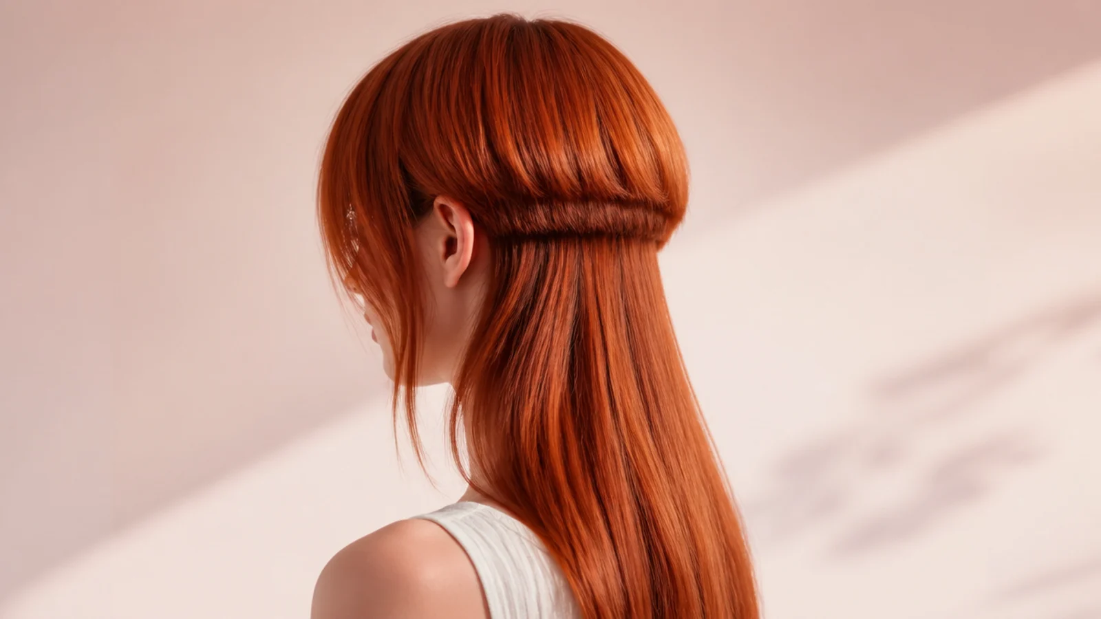 Copper red jellyfish haircut with a soft bell and long lengths flattering a heart shaped face