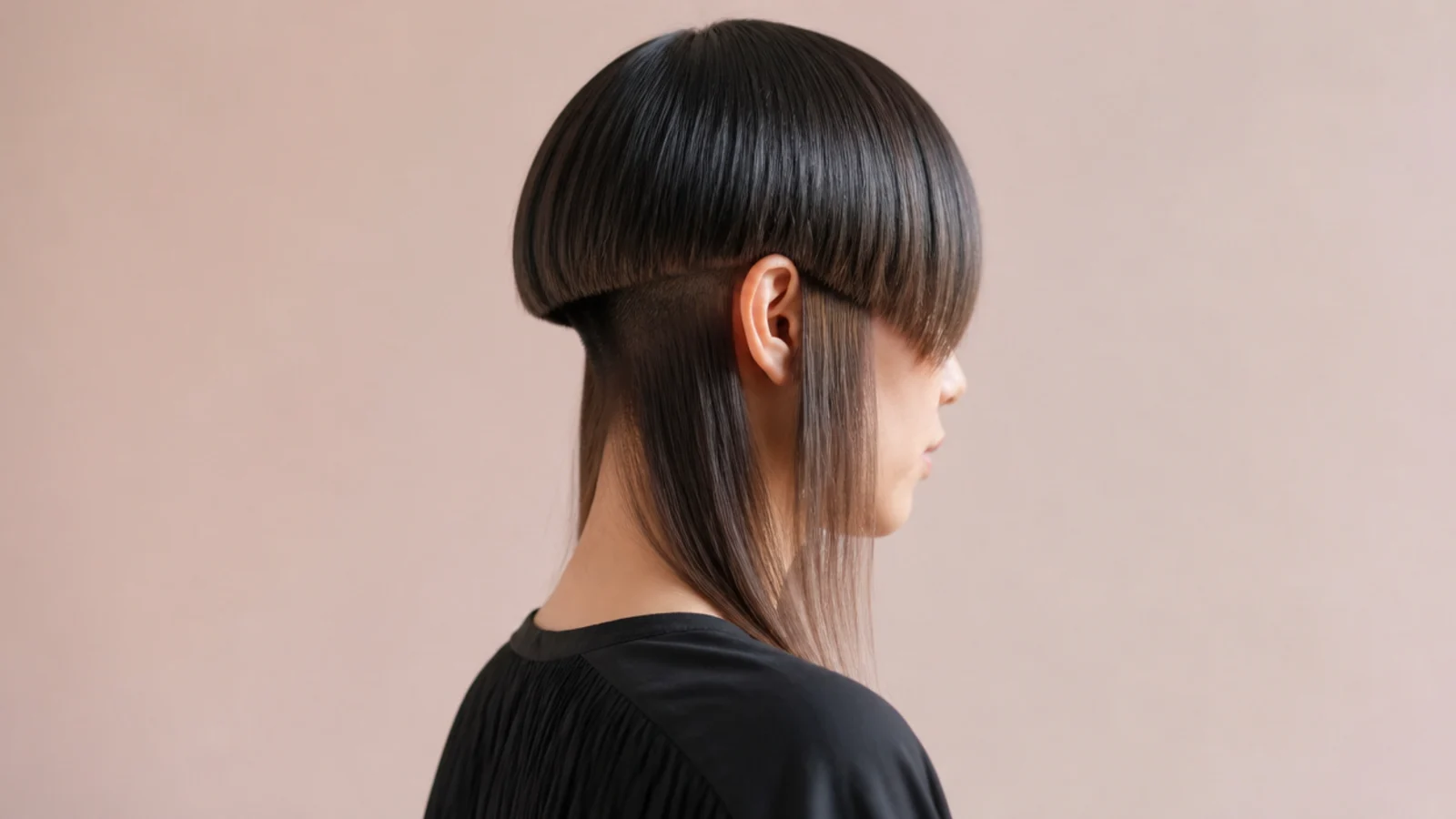 Jellyfish haircut with a hidden nape undercut under long lengths and a rounded disconnected bell