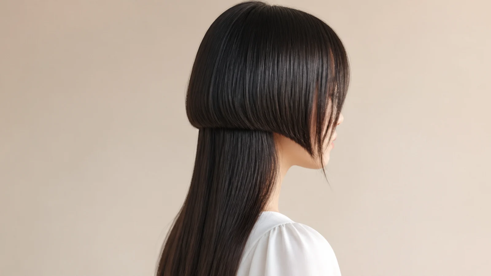 Wispy V bang jellyfish haircut with a soft bell softening a square jawline on long straight hair