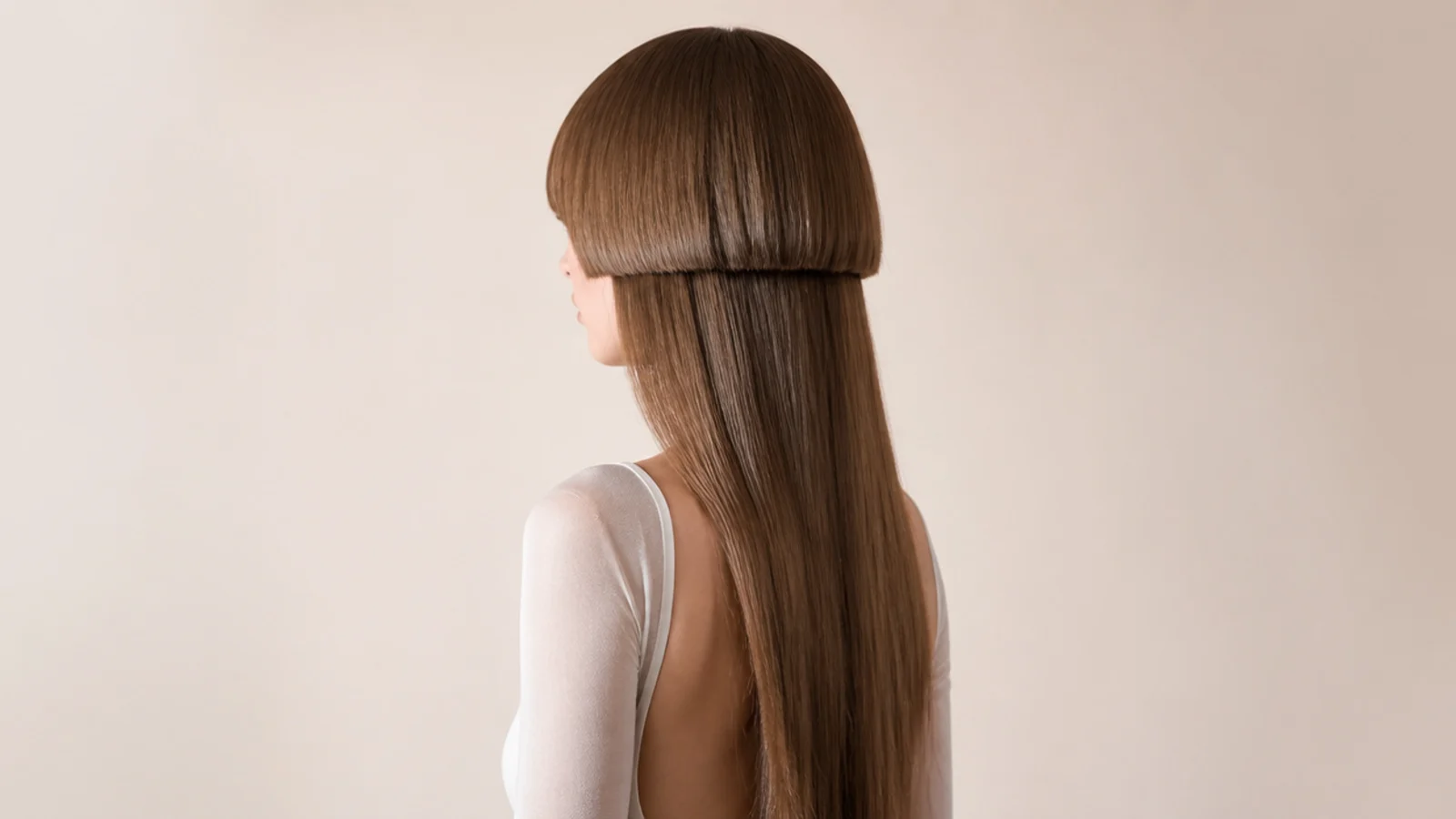 Waist length jellyfish haircut with a rounded bell and razored tapering ends on long straight hair