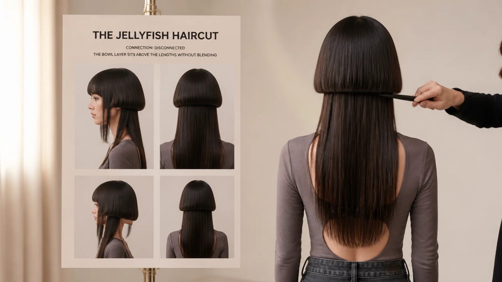 Showing a stylist reference photos for an aesthetic jellyfish haircut with a disconnected bowl shaped layer