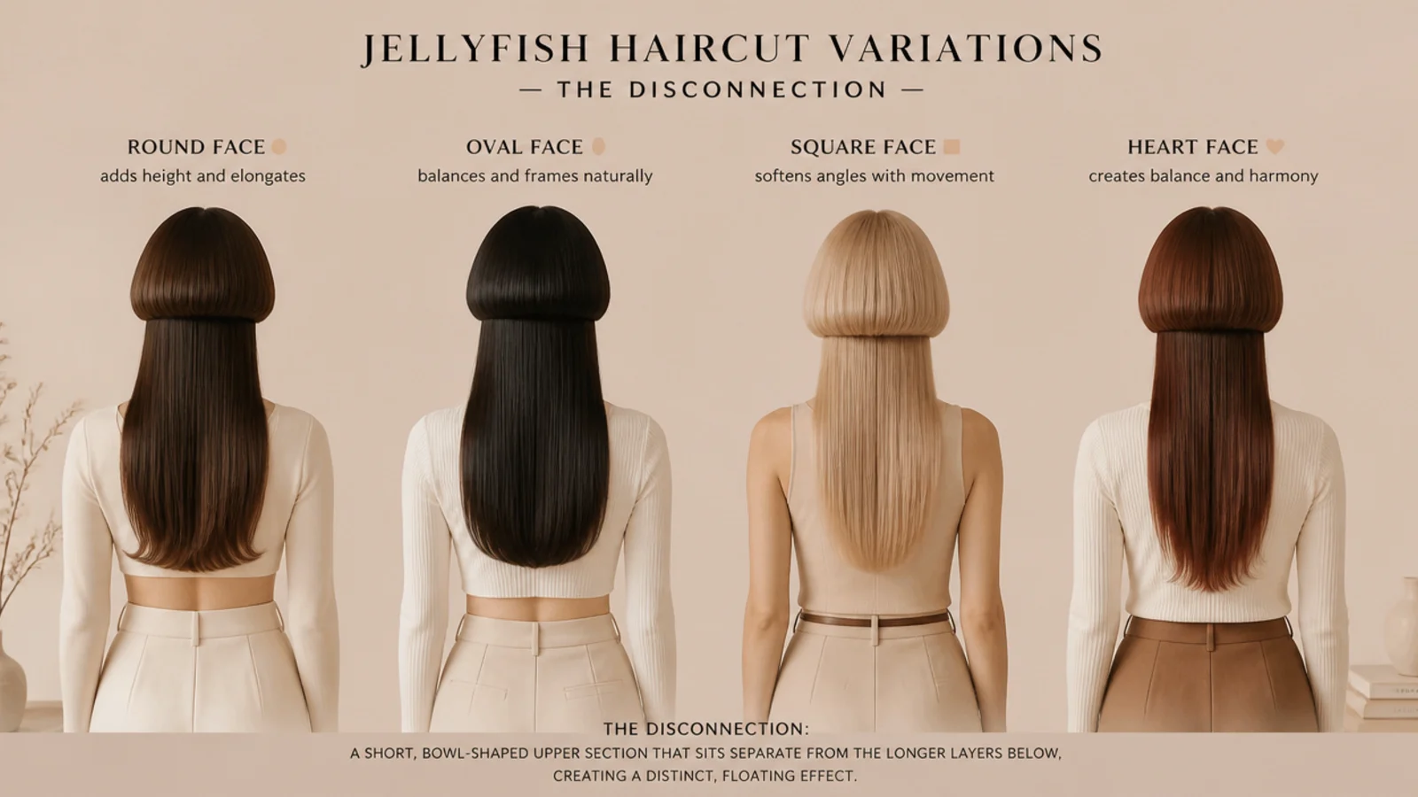 Four aesthetic jellyfish haircut variations compared across round oval square and heart face shapes