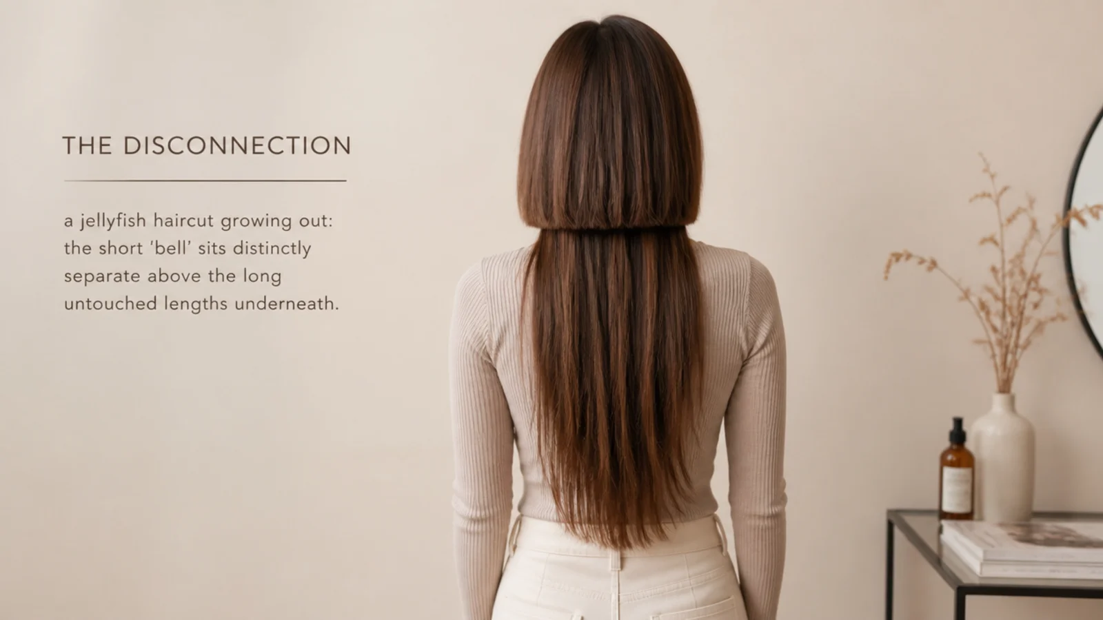 Jellyfish haircut growing out with the short bell reaching shoulder length over long hair