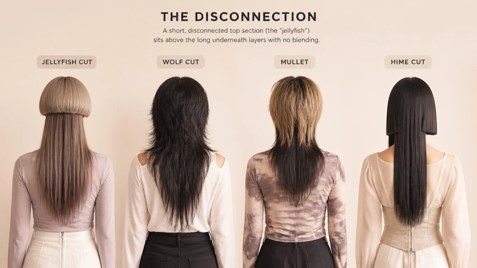 Jellyfish haircut compared with a wolf cut a mullet and a hime cut on four models from behind
