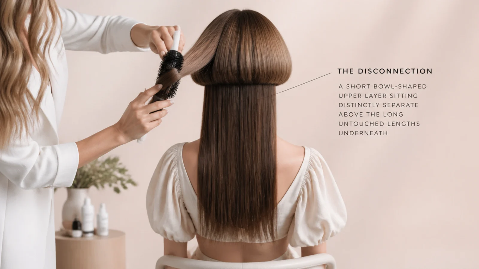 Round brushing the short bell of a jellyfish haircut while the long lengths hang straight underneath