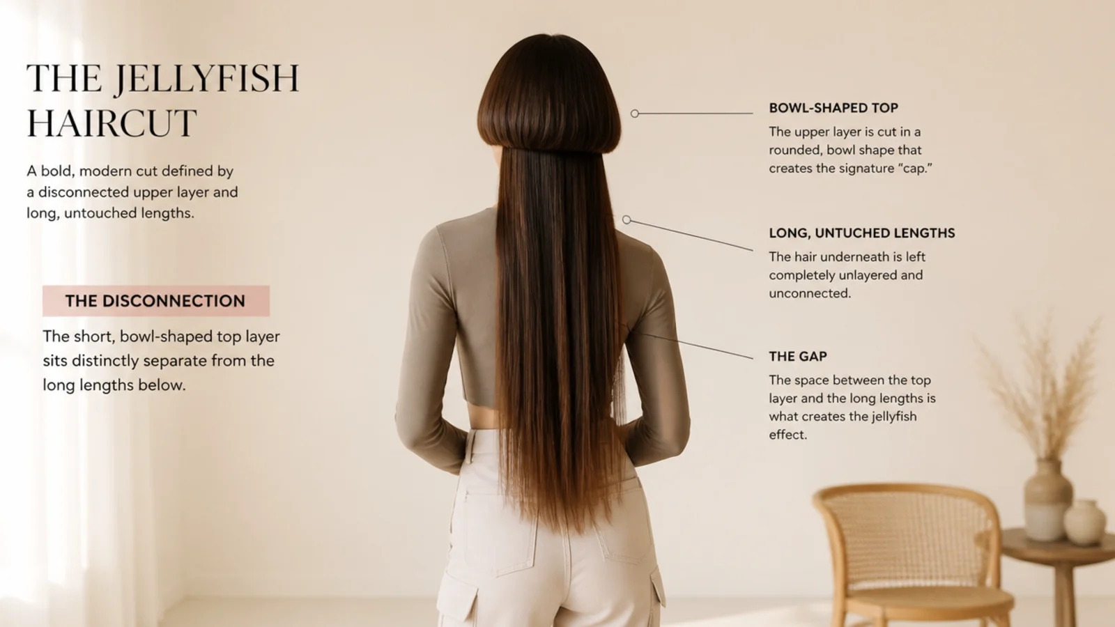 Diagram style photo of a jellyfish haircut showing the disconnected bowl shaped upper layer over long lengths